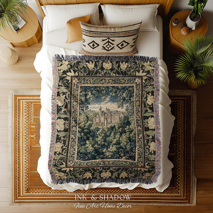Ethereal Fairytale Fantasy Castle Tapestry | Dark Academia Woodland Fairy Folklore Princess Aesthetic Magical Landscape Forestcore Romantic