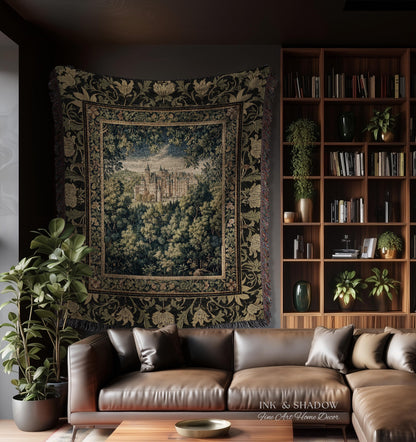 Ethereal Fairytale Fantasy Castle Tapestry | Dark Academia Woodland Fairy Folklore Princess Aesthetic Magical Landscape Forestcore Romantic