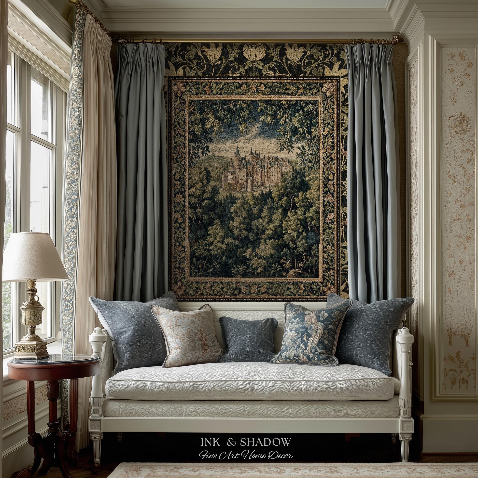 Ethereal Fairytale Fantasy Castle Tapestry | Dark Academia Woodland Fairy Folklore Princess Aesthetic Magical Landscape Forestcore Romantic