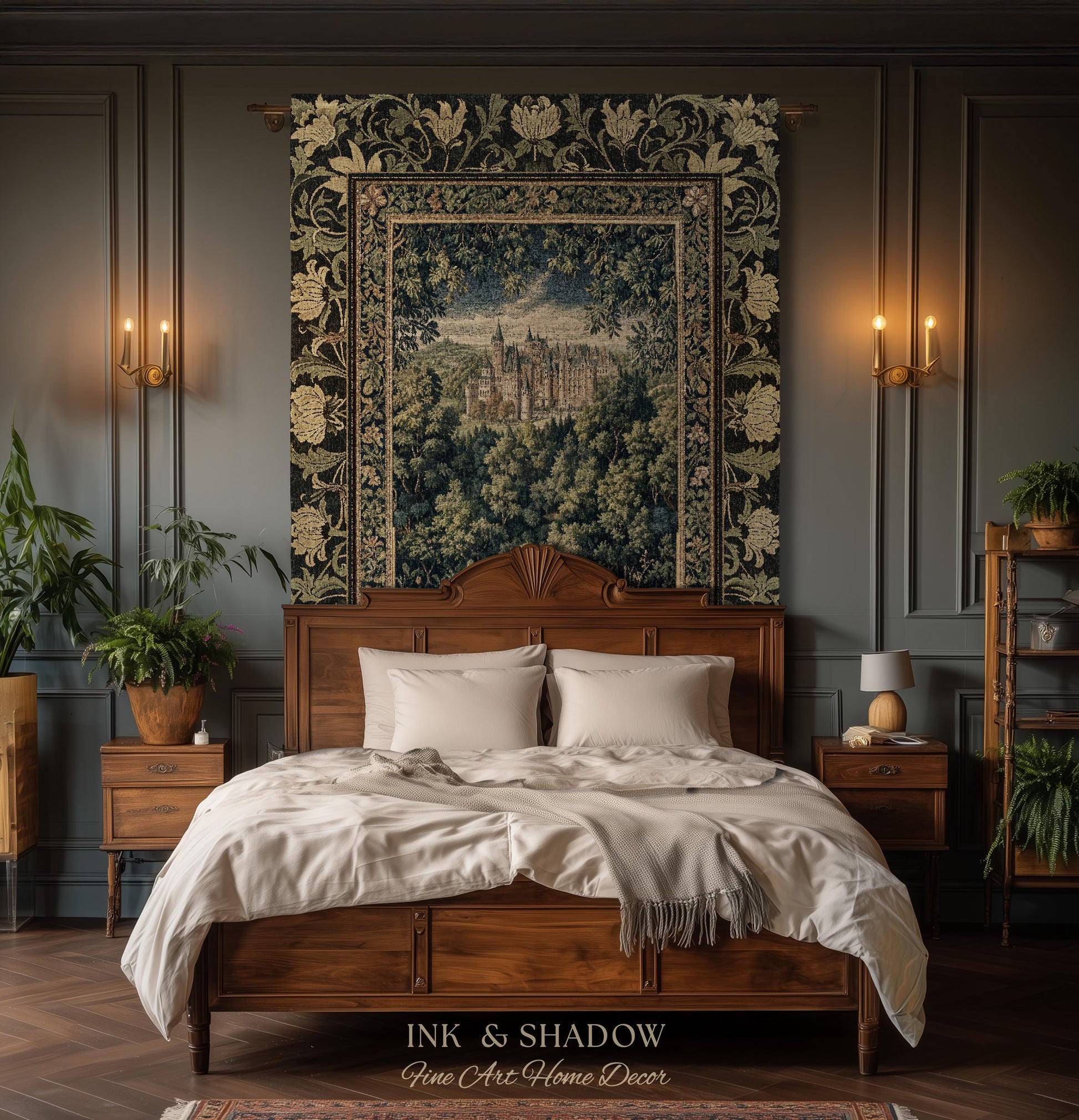 Ethereal Fairytale Fantasy Castle Tapestry | Dark Academia Woodland Fairy Folklore Princess Aesthetic Magical Landscape Forestcore Romantic