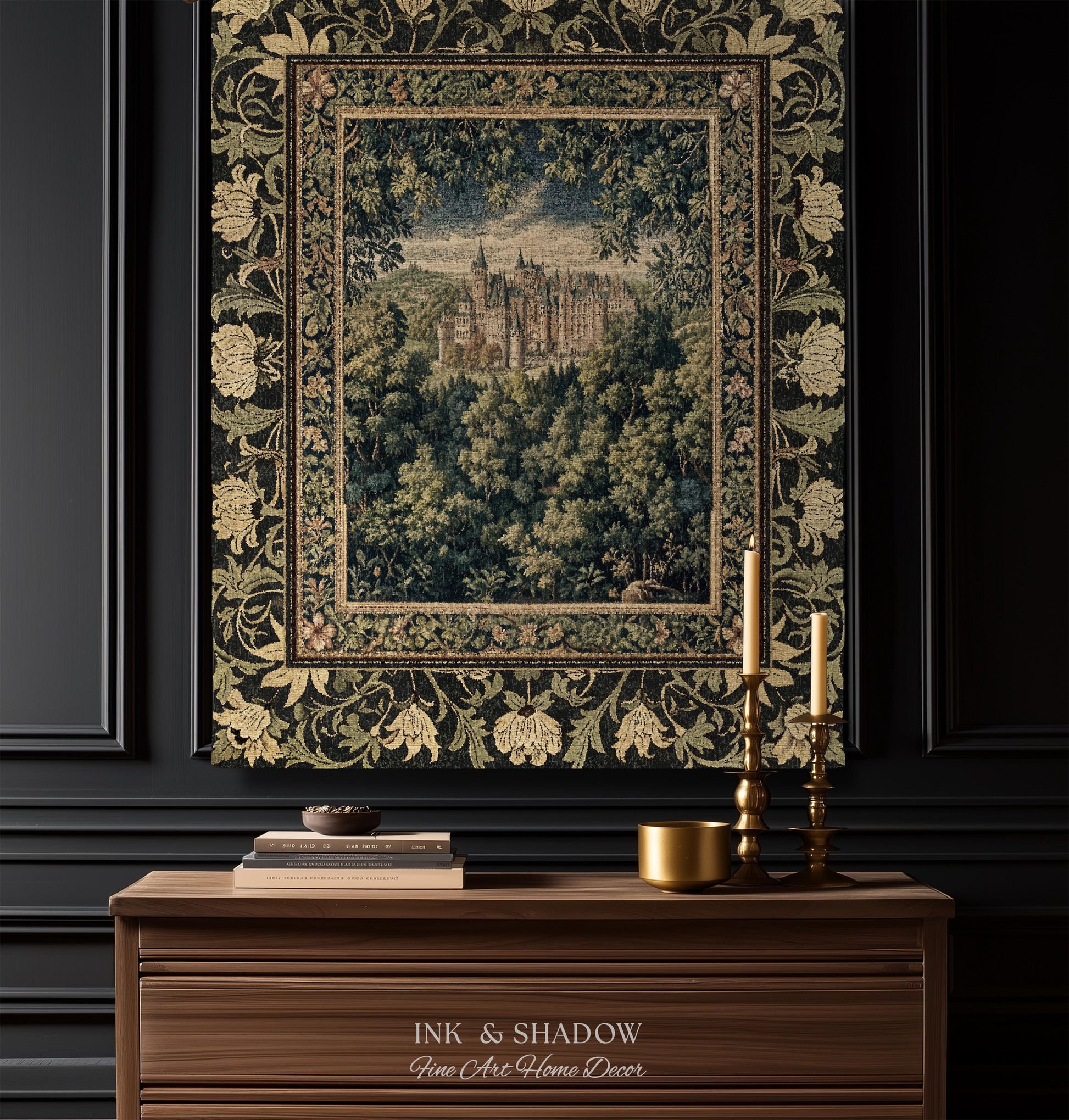 Ethereal Fairytale Fantasy Castle Tapestry | Dark Academia Woodland Fairy Folklore Princess Aesthetic Magical Landscape Forestcore Romantic