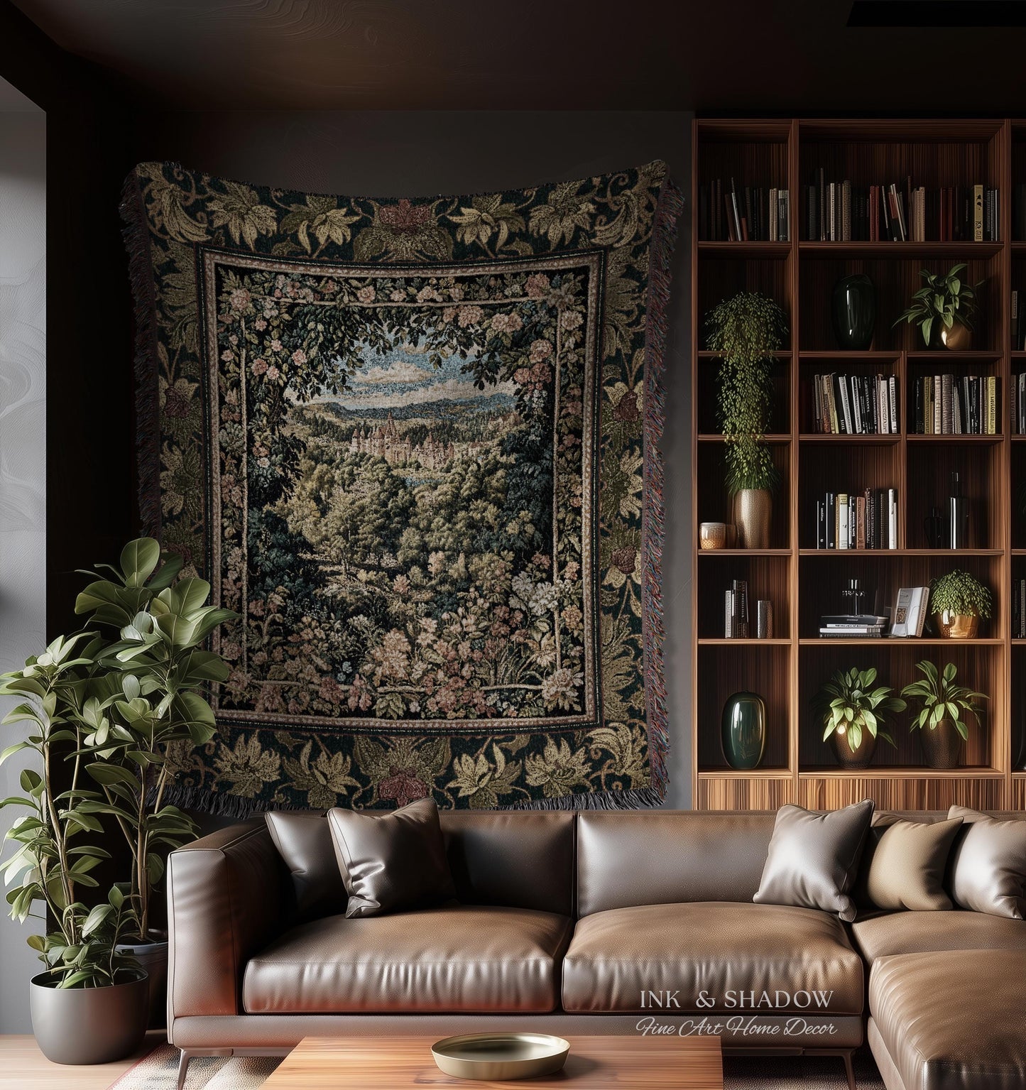 Fantasy Castle Botanical Woven Tapestry | Fairycore Princess Blanket Woodland Moody Medieval Woodland Fairytale Whimsy Whimsigothic Decor |