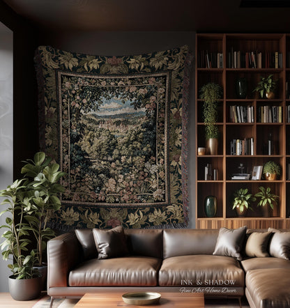 Fantasy Castle Botanical Woven Tapestry | Fairycore Princess Blanket Woodland Moody Medieval Woodland Fairytale Whimsy Whimsigothic Decor |