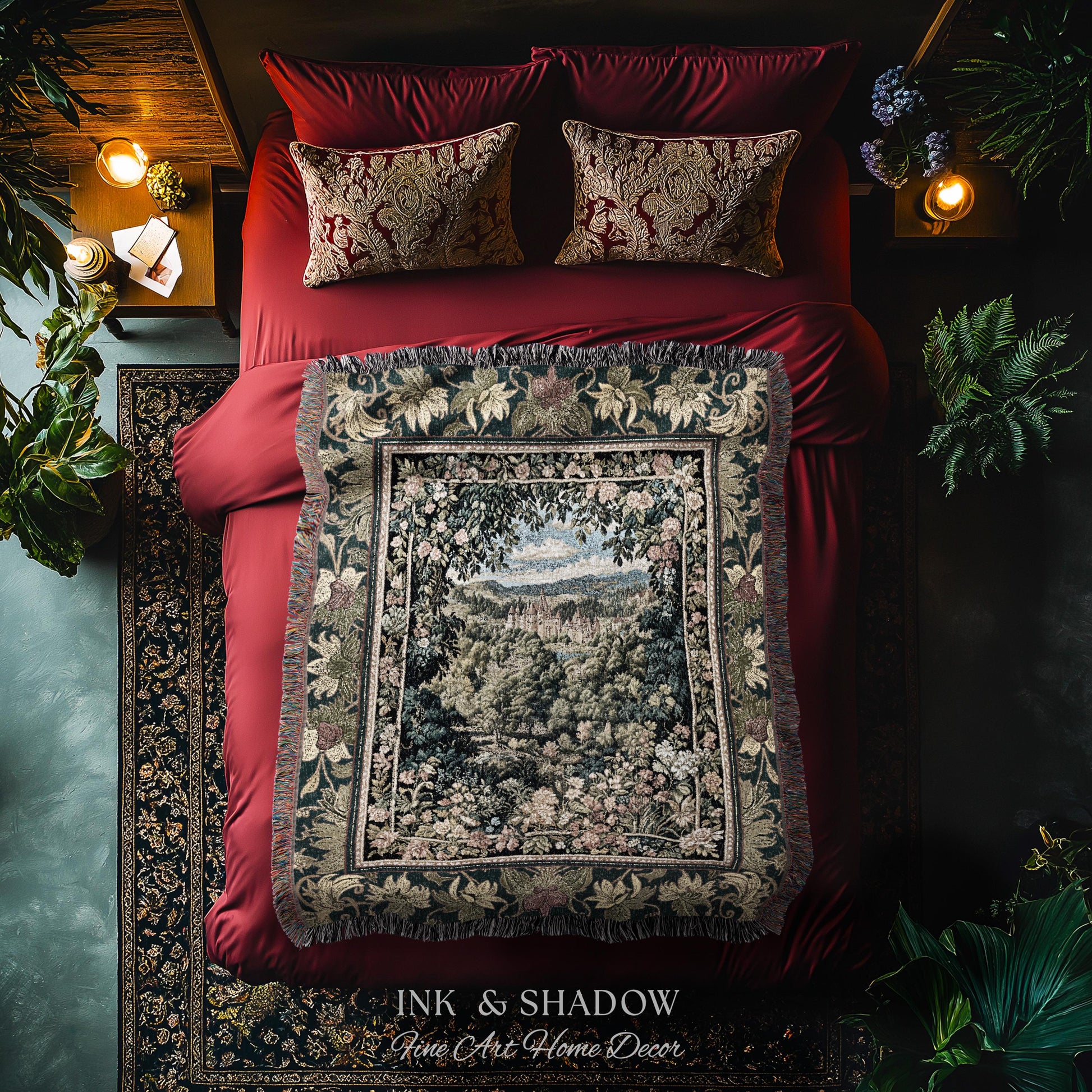 Fantasy Castle Botanical Woven Tapestry | Fairycore Princess Blanket Woodland Moody Medieval Woodland Fairytale Whimsy Whimsigothic Decor |