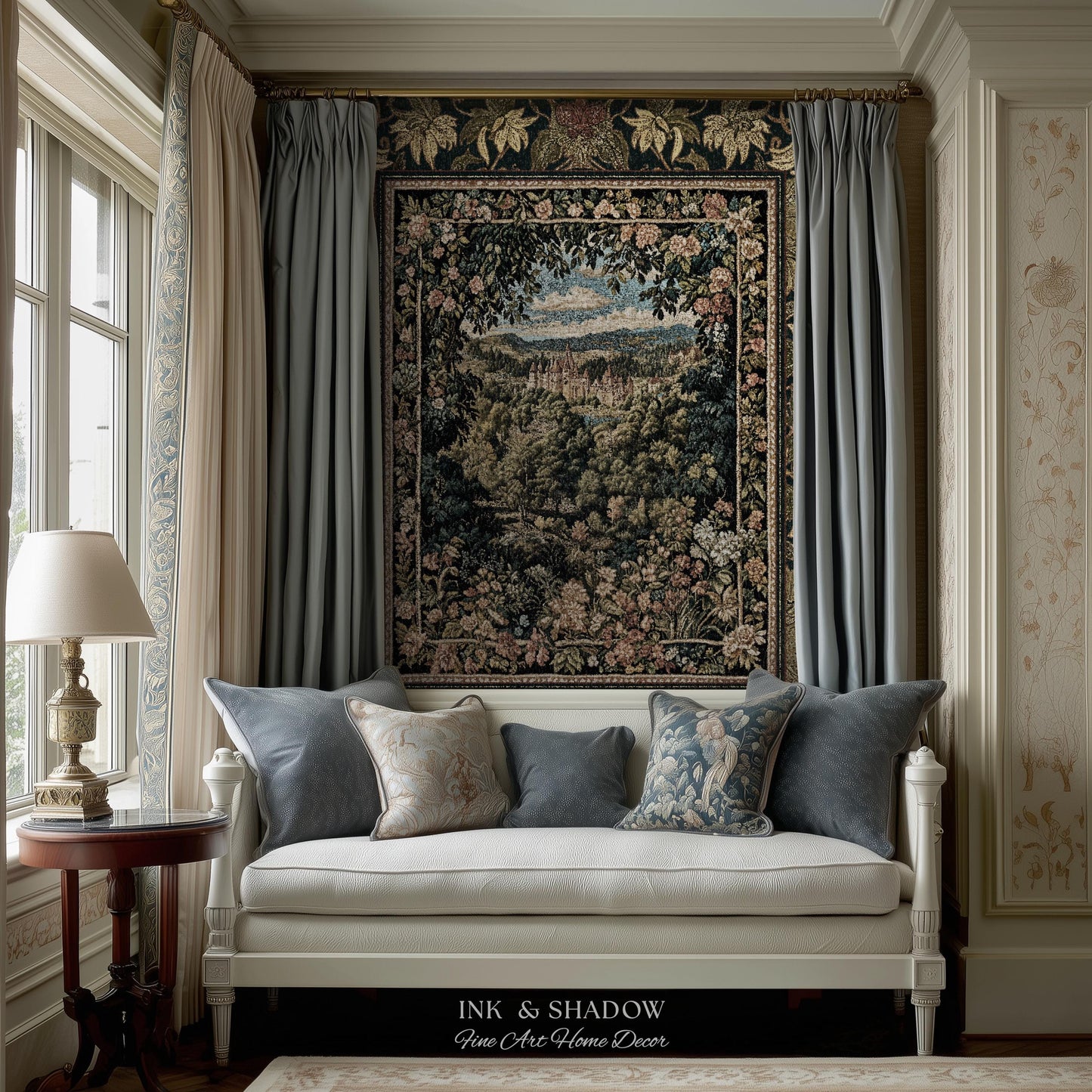 Fantasy Castle Botanical Woven Tapestry | Fairycore Princess Blanket Woodland Moody Medieval Woodland Fairytale Whimsy Whimsigothic Decor |