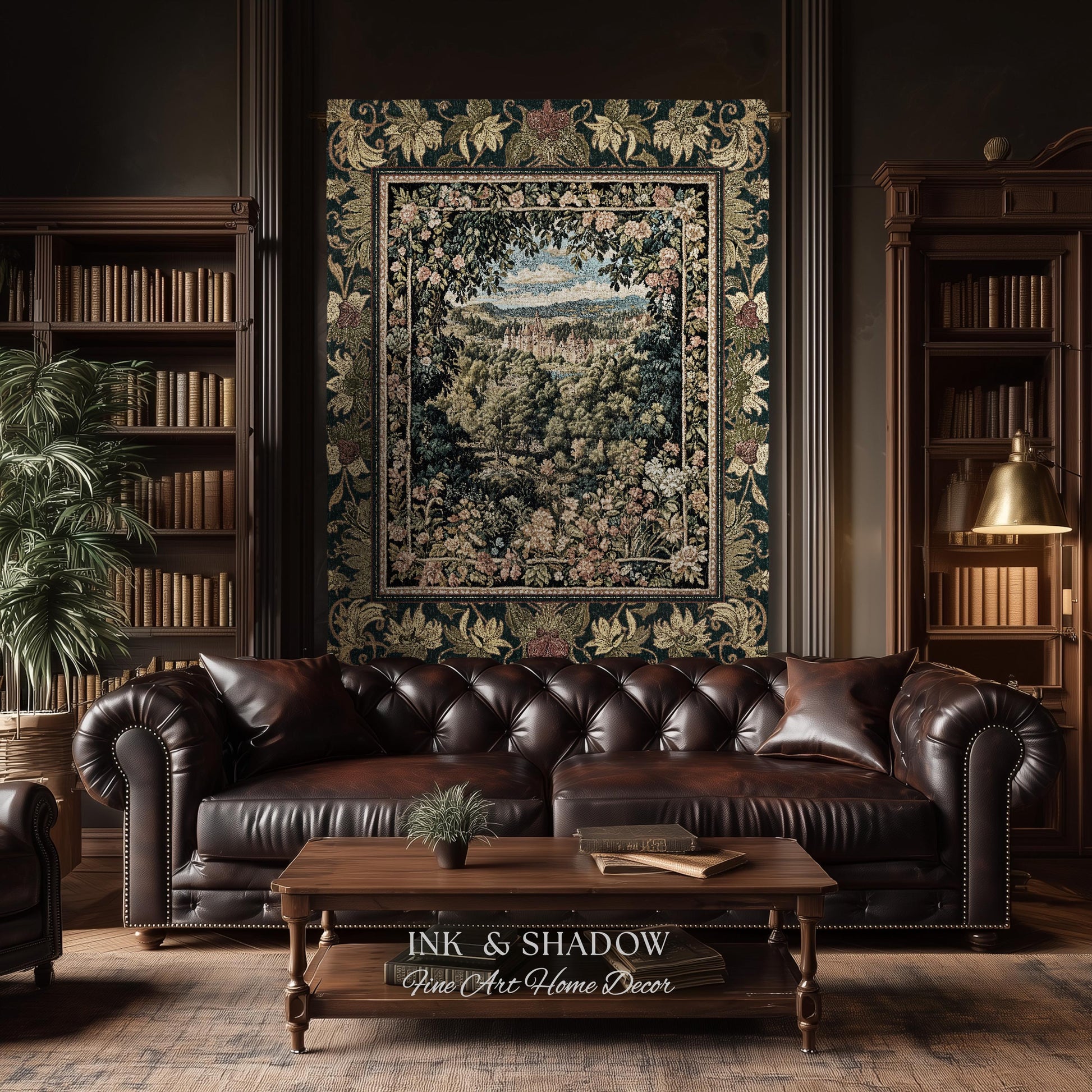 Fantasy Castle Botanical Woven Tapestry | Fairycore Princess Blanket Woodland Moody Medieval Woodland Fairytale Whimsy Whimsigothic Decor |