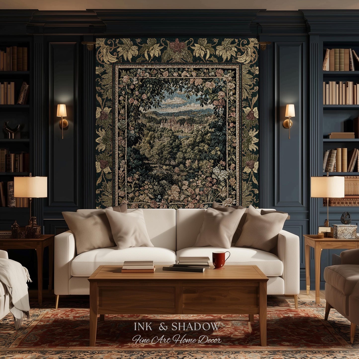 Fantasy Castle Botanical Woven Tapestry | Fairycore Princess Blanket Woodland Moody Medieval Woodland Fairytale Whimsy Whimsigothic Decor |