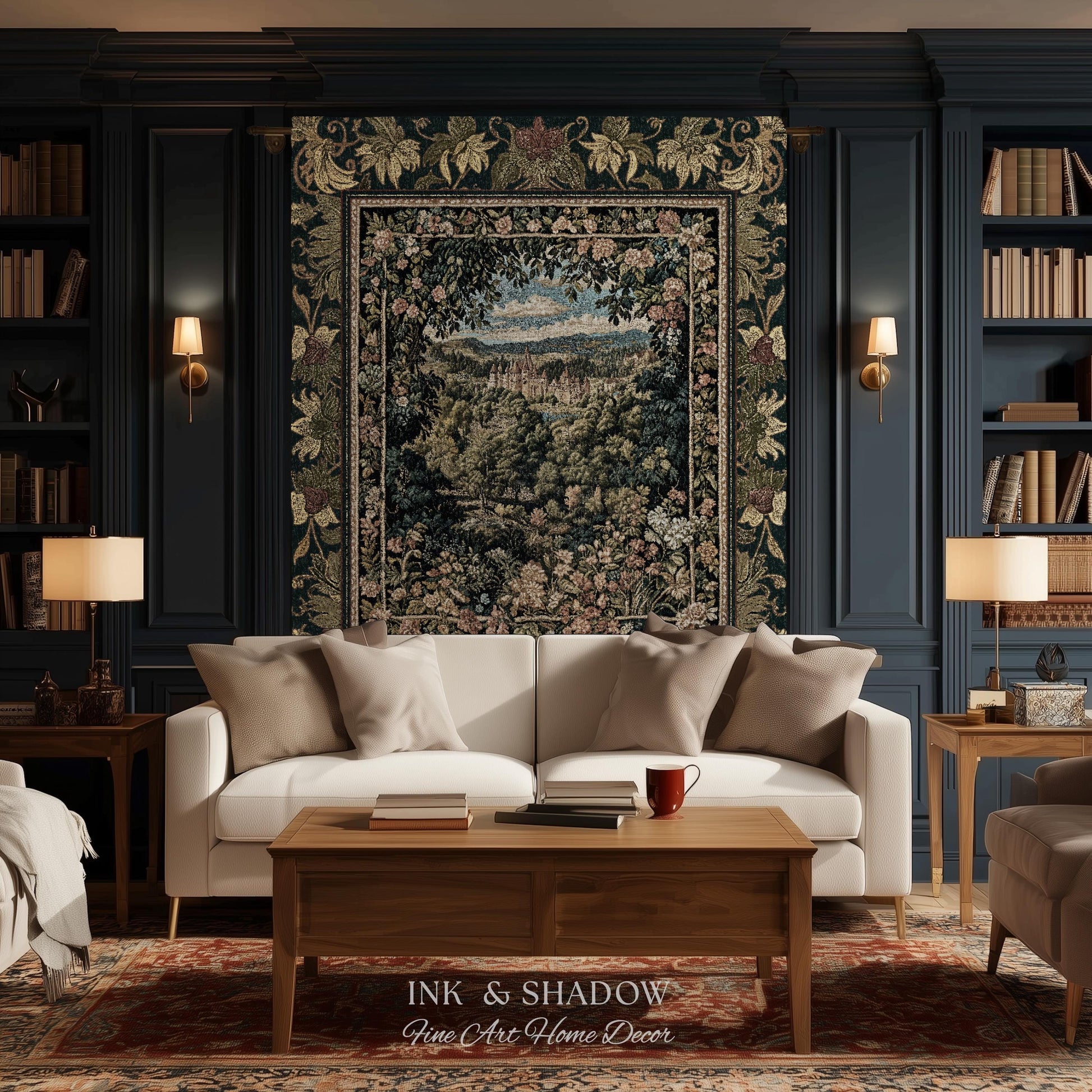 Fantasy Castle Botanical Woven Tapestry | Fairycore Princess Blanket Woodland Moody Medieval Woodland Fairytale Whimsy Whimsigothic Decor |