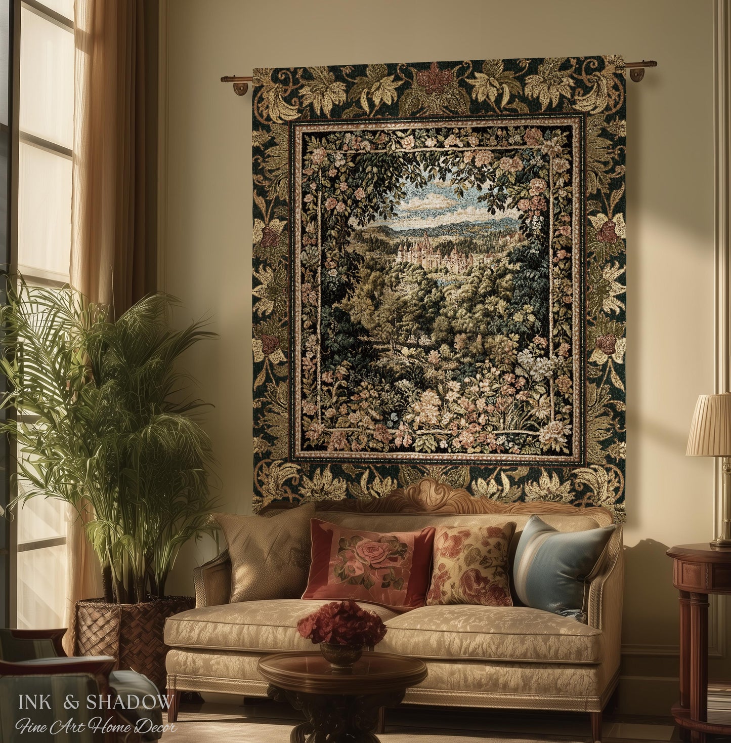Fantasy Castle Botanical Woven Tapestry | Fairycore Princess Blanket Woodland Moody Medieval Woodland Fairytale Whimsy Whimsigothic Decor |