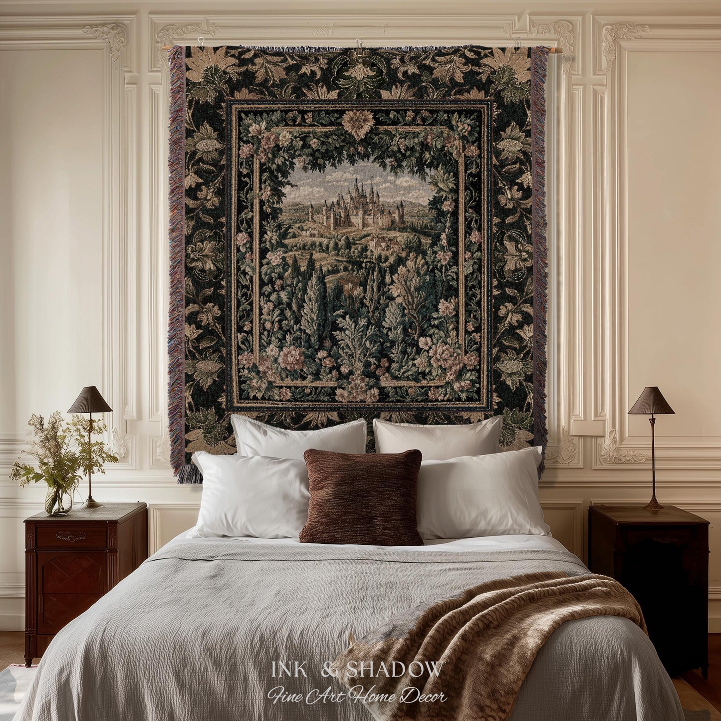 Dark Academia Victorian Royal Tapestry | Fantasy Blanket Woven Decor Woodland Princess Medieval Rustic Floral Landscape Coquette Maximalist