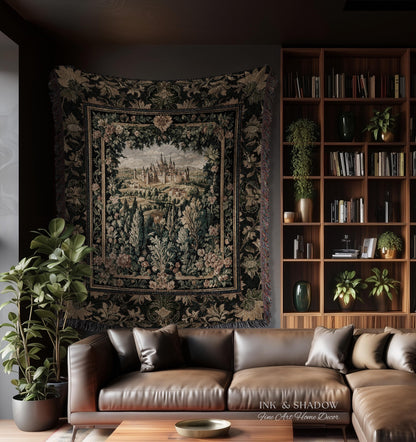 Dark Academia Victorian Royal Tapestry | Fantasy Blanket Woven Decor Woodland Princess Medieval Rustic Floral Landscape Coquette Maximalist