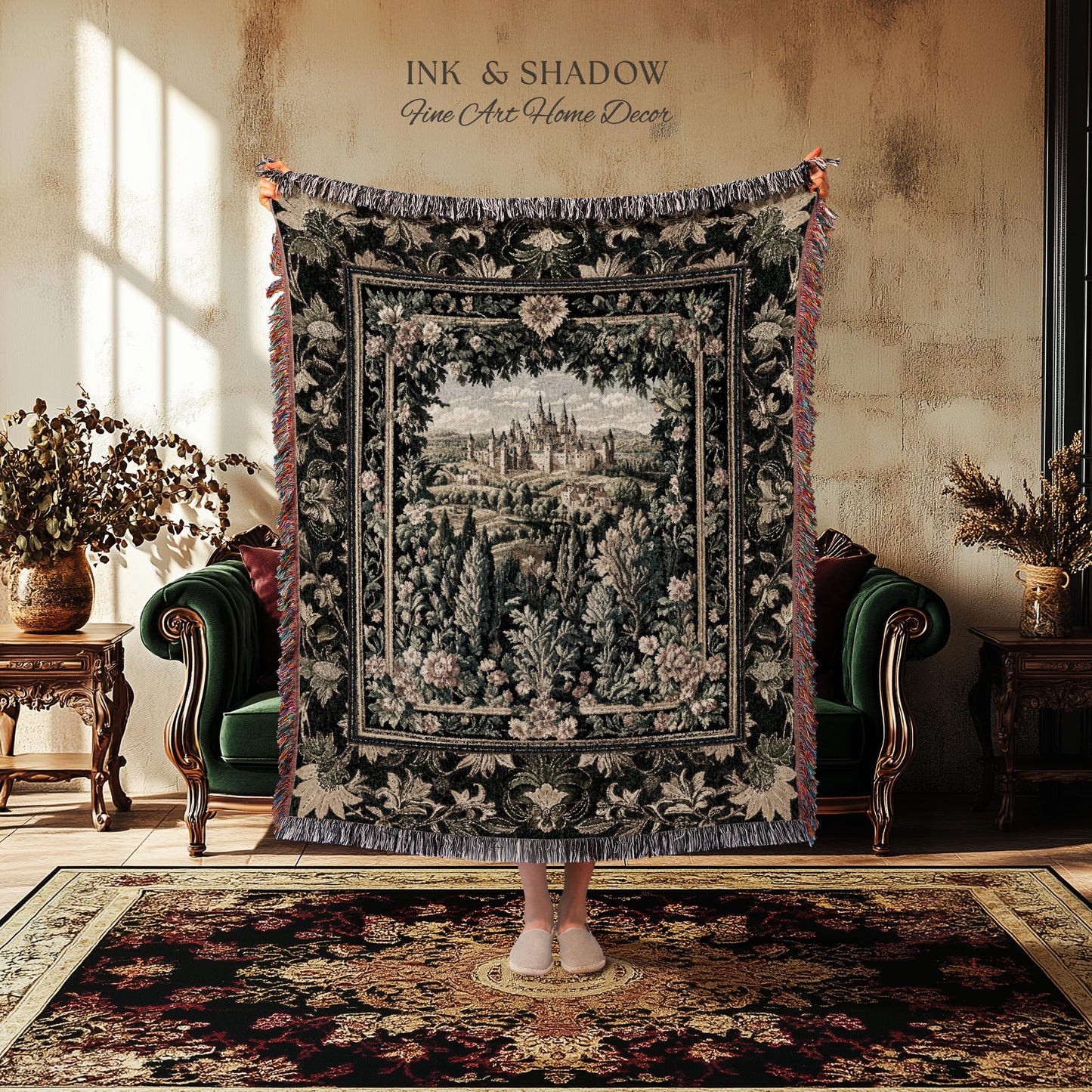 Dark Academia Victorian Royal Tapestry | Fantasy Blanket Woven Decor Woodland Princess Medieval Rustic Floral Landscape Coquette Maximalist
