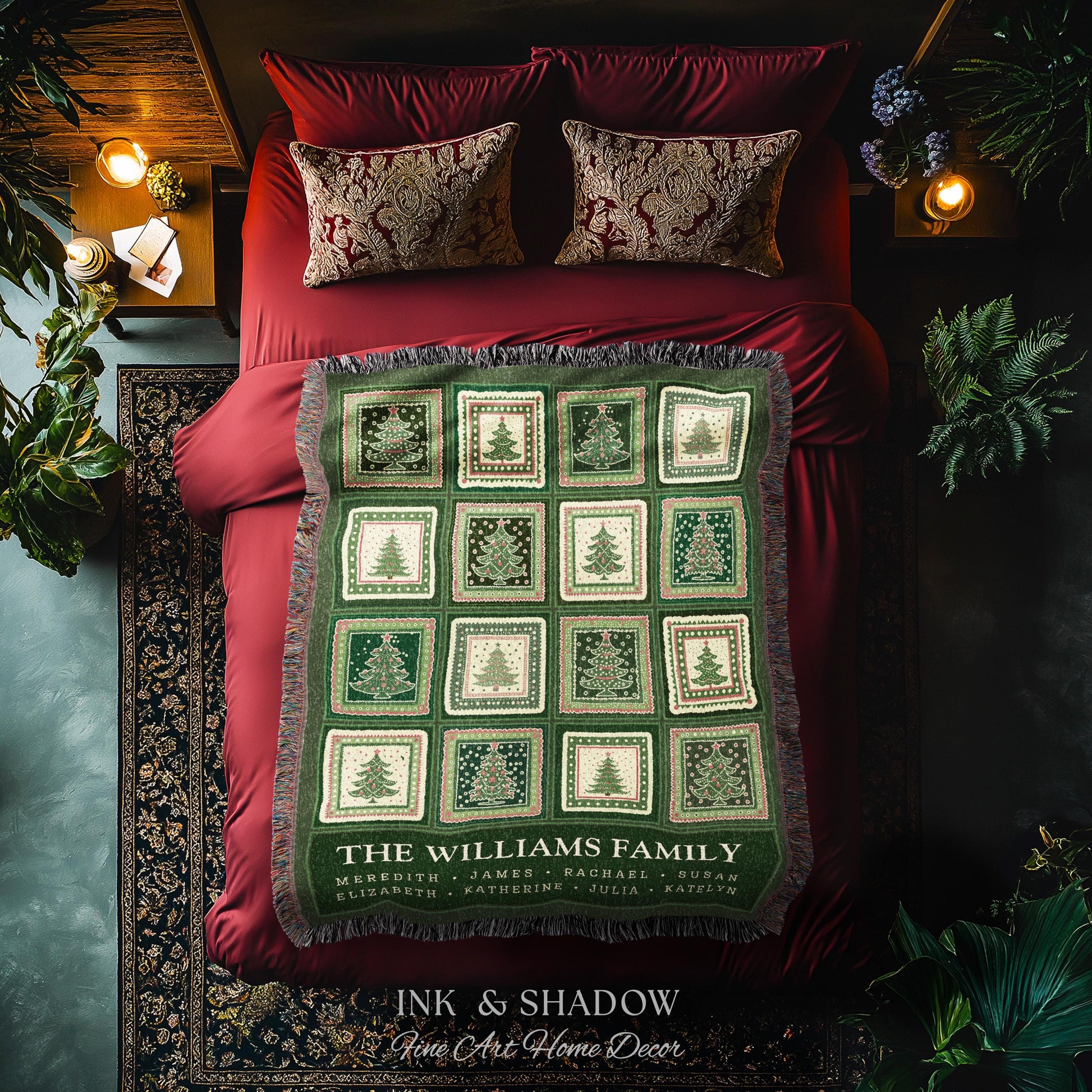 Personalized Family Christmas Tree Blanket with Names Sentimental Gift for Grandparents Custom Nostalgic Cottagecore Festive Tapestry Throw