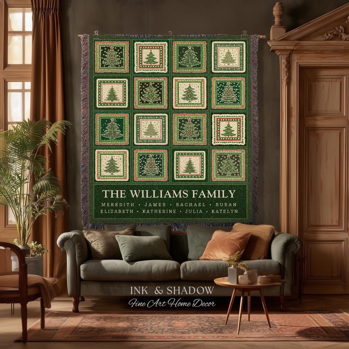 Personalized Family Christmas Tree Blanket with Names Sentimental Gift for Grandparents Custom Nostalgic Cottagecore Festive Tapestry Throw