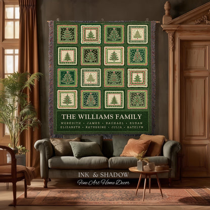 Personalized Family Christmas Tree Blanket with Names Sentimental Gift for Grandparents Custom Nostalgic Cottagecore Festive Tapestry Throw