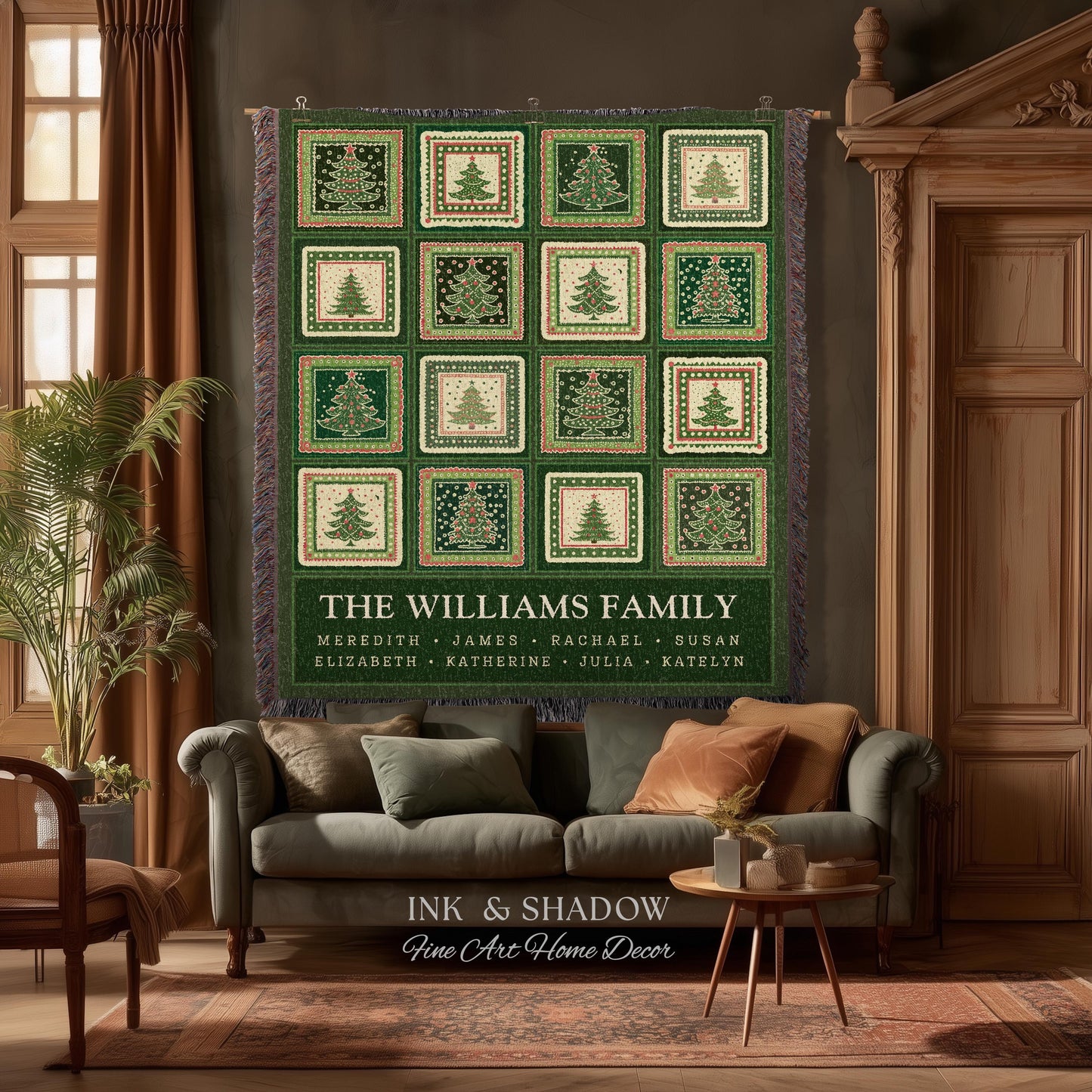 Personalized Family Christmas Tree Blanket with Names Sentimental Gift for Grandparents Custom Nostalgic Cottagecore Festive Tapestry Throw
