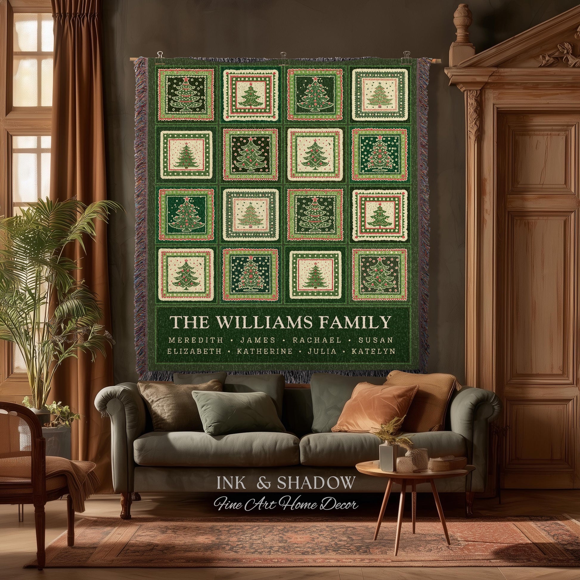 Personalized Family Christmas Tree Blanket with Names Sentimental Gift for Grandparents Custom Nostalgic Cottagecore Festive Tapestry Throw