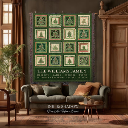 Personalized Family Christmas Tree Blanket with Names Sentimental Gift for Grandparents Custom Nostalgic Cottagecore Festive Tapestry Throw