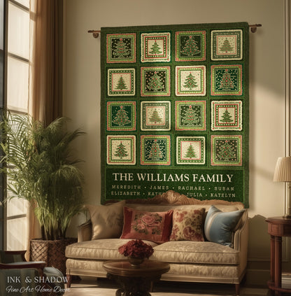 Personalized Family Christmas Tree Blanket with Names Sentimental Gift for Grandparents Custom Nostalgic Cottagecore Festive Tapestry Throw