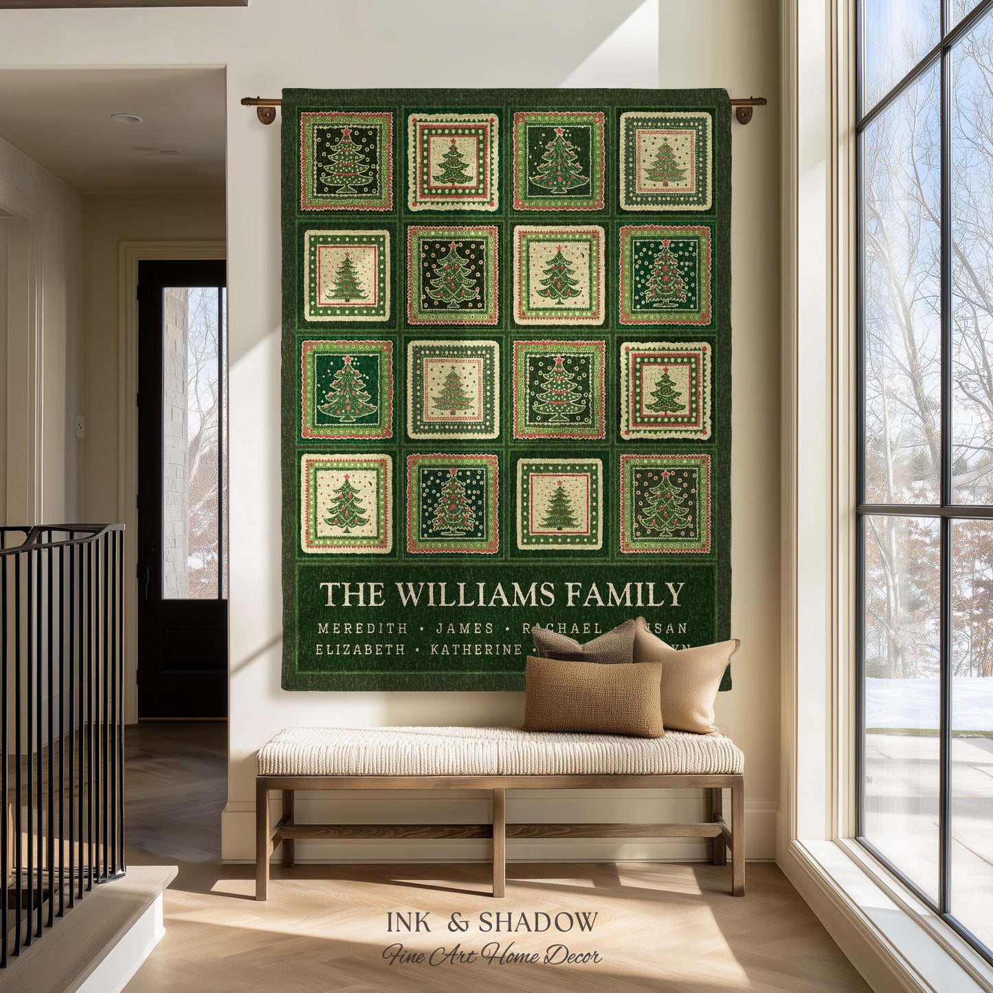 Personalized Family Christmas Tree Blanket with Names Sentimental Gift for Grandparents Custom Nostalgic Cottagecore Festive Tapestry Throw