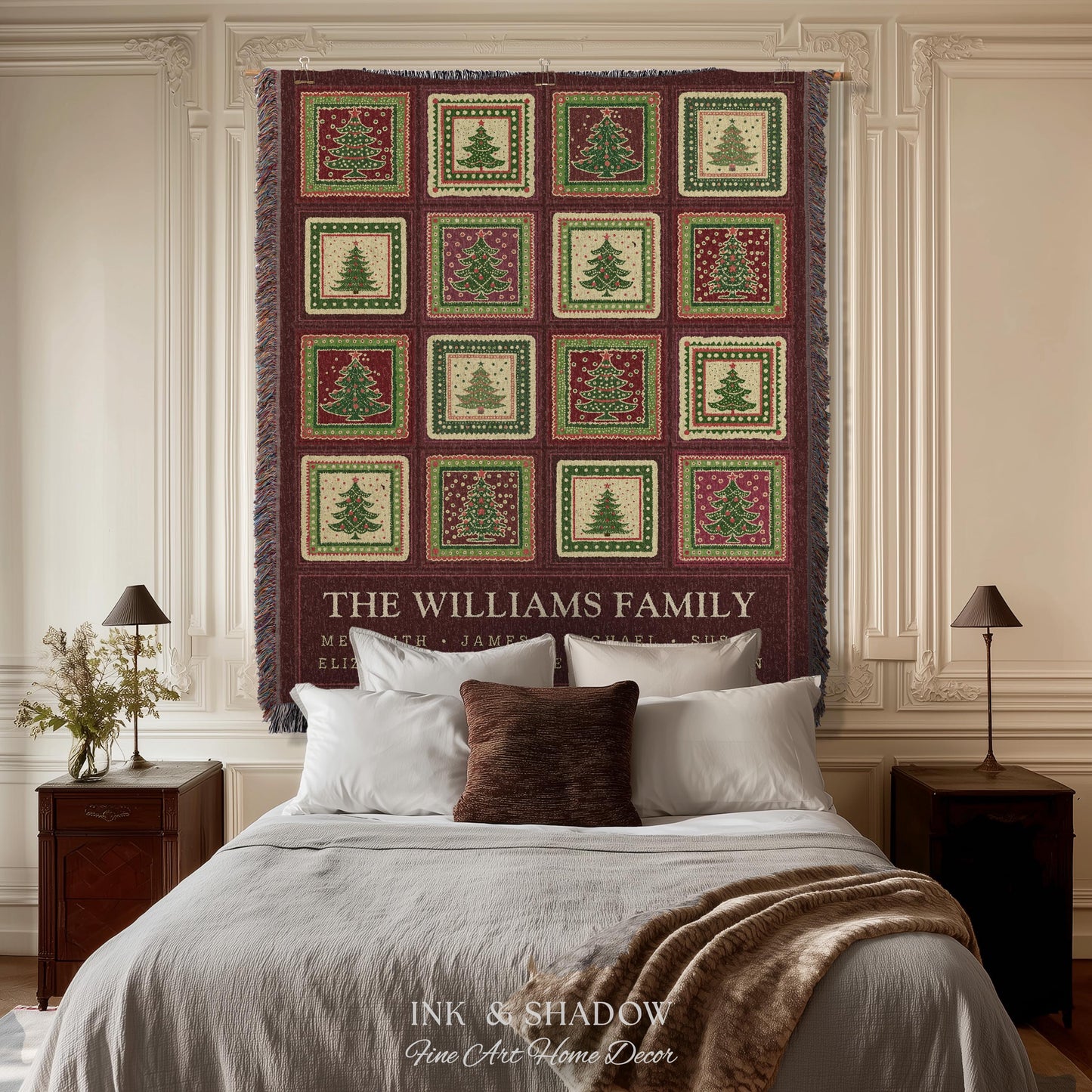 Family Tree Personalized Festive Christmas Tapestry Blanket Sentimental Gift for Grandparent with Names Custom Vintage Style Holiday Throw