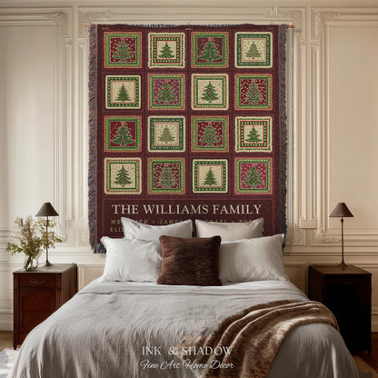 Family Tree Personalized Festive Christmas Tapestry Blanket Sentimental Gift for Grandparent with Names Custom Vintage Style Holiday Throw