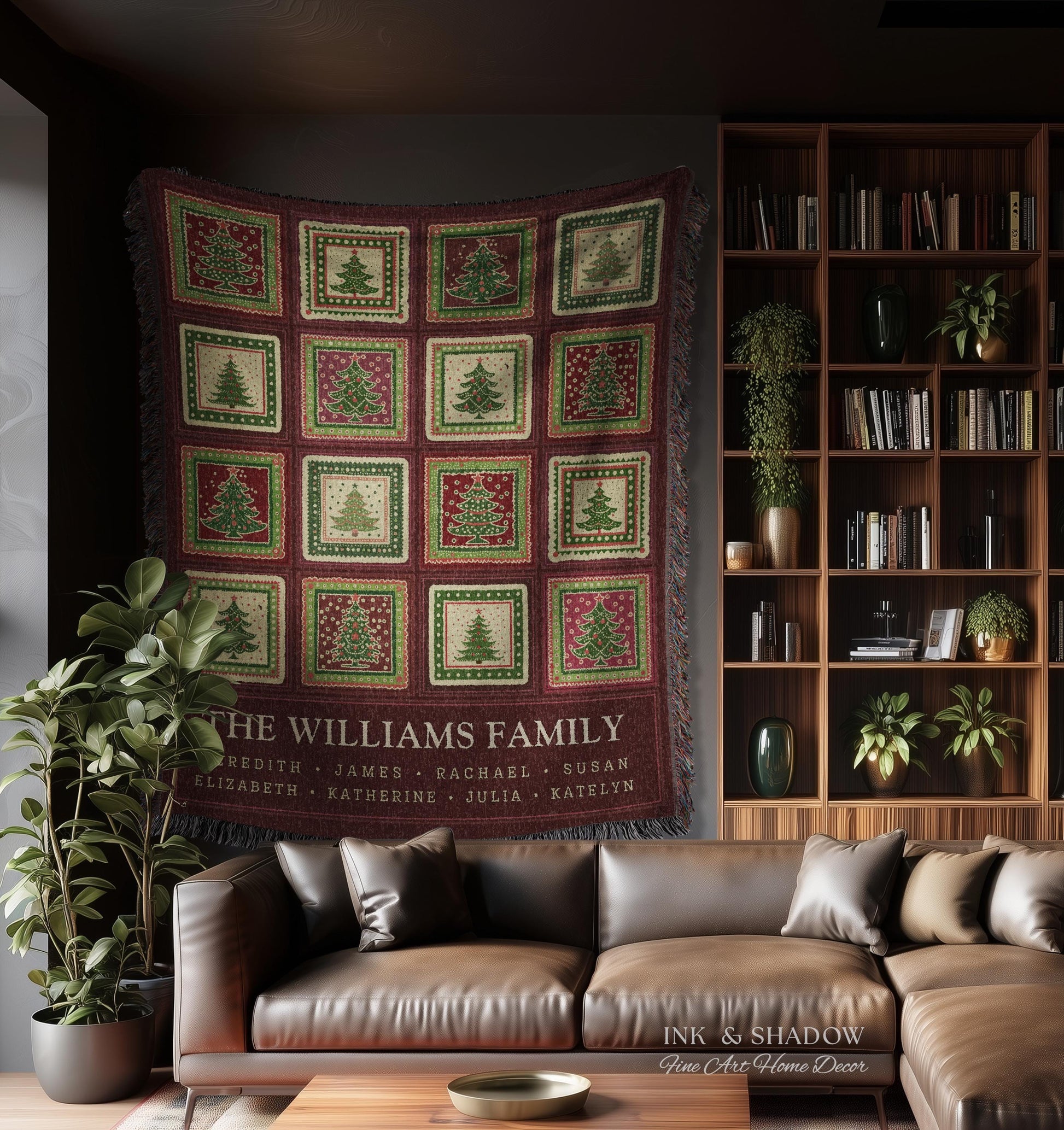 Family Tree Personalized Festive Christmas Tapestry Blanket Sentimental Gift for Grandparent with Names Custom Vintage Style Holiday Throw