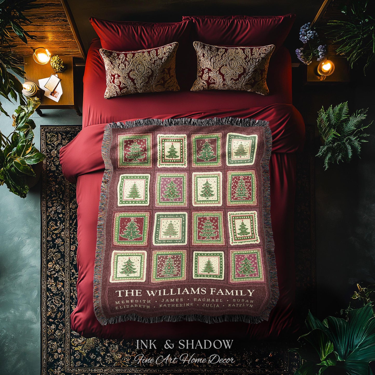 Family Tree Personalized Festive Christmas Tapestry Blanket Sentimental Gift for Grandparent with Names Custom Vintage Style Holiday Throw