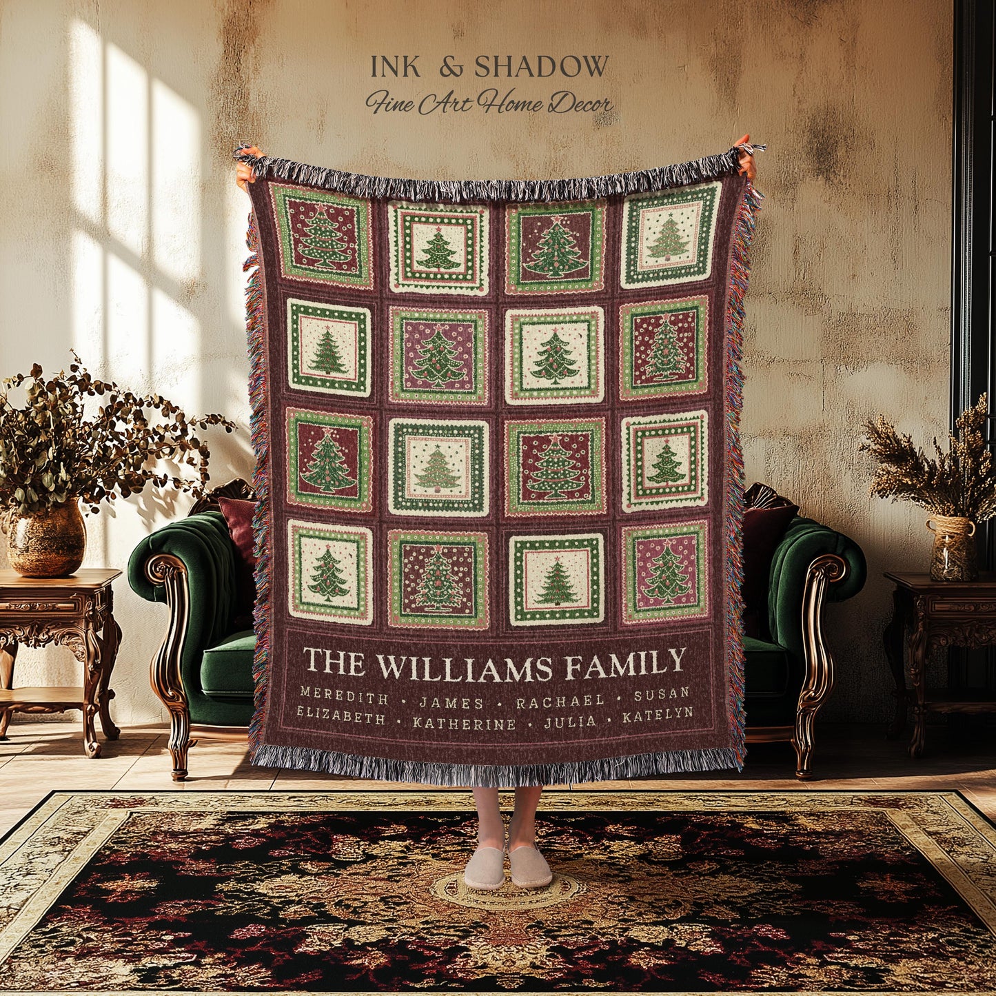 Family Tree Personalized Festive Christmas Tapestry Blanket Sentimental Gift for Grandparent with Names Custom Vintage Style Holiday Throw