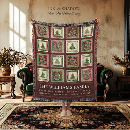 Family Tree Personalized Festive Christmas Tapestry Blanket Sentimental Gift for Grandparent with Names Custom Vintage Style Holiday Throw