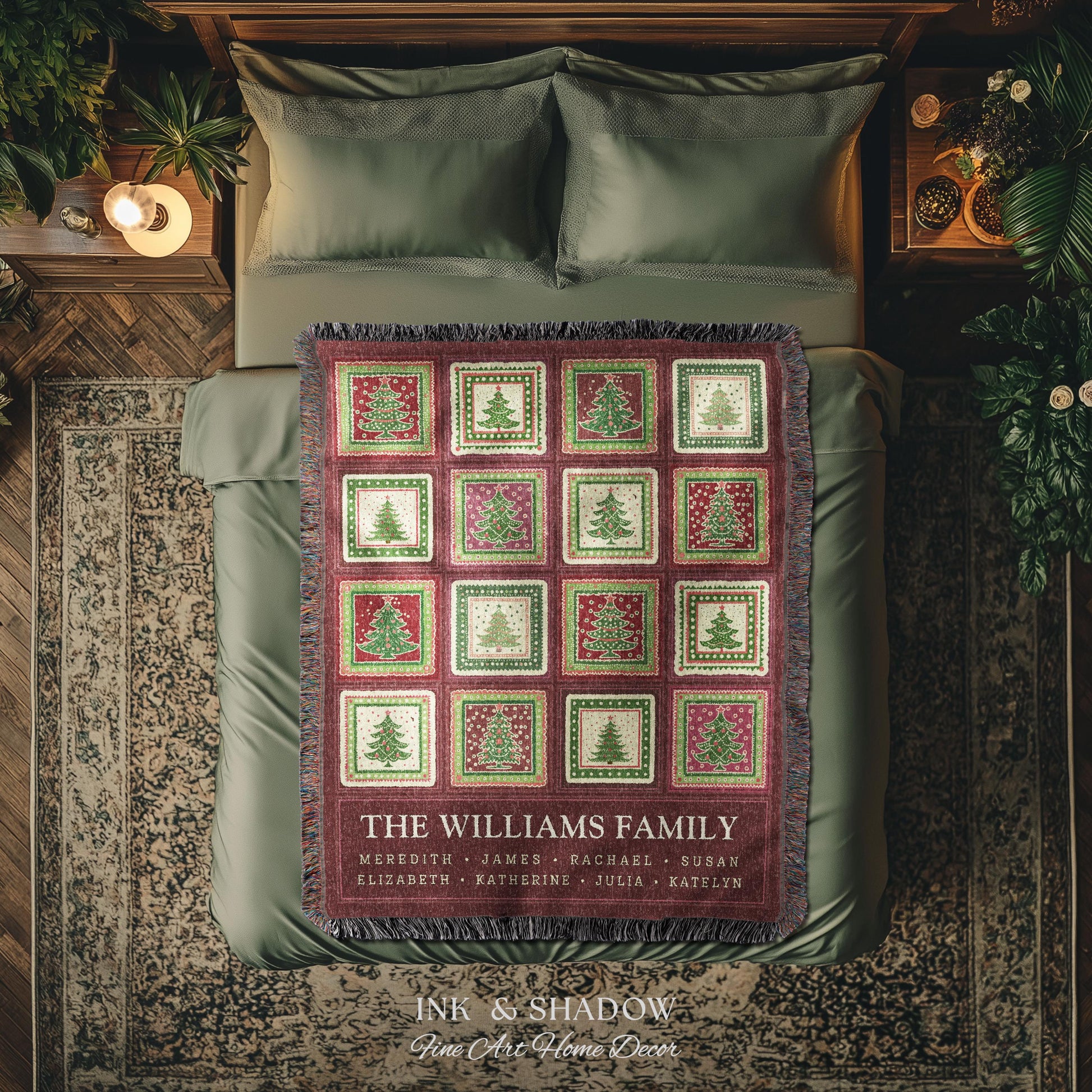 Family Tree Personalized Festive Christmas Tapestry Blanket Sentimental Gift for Grandparent with Names Custom Vintage Style Holiday Throw