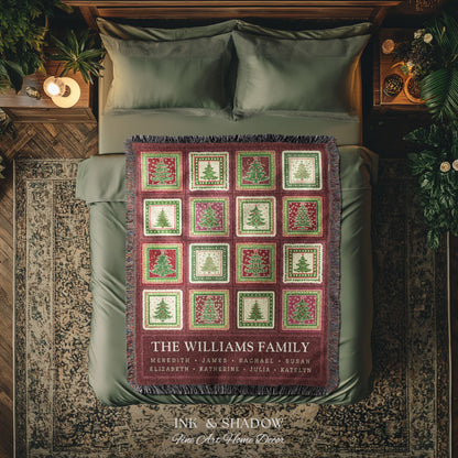Family Tree Personalized Festive Christmas Tapestry Blanket Sentimental Gift for Grandparent with Names Custom Vintage Style Holiday Throw