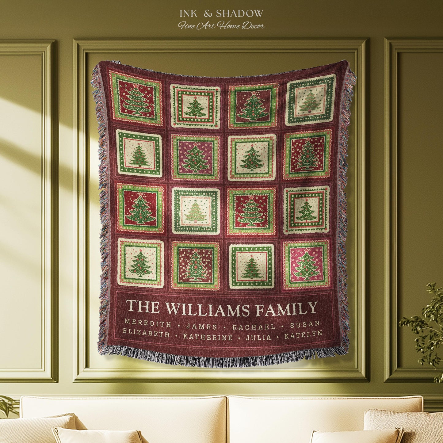 Family Tree Personalized Festive Christmas Tapestry Blanket Sentimental Gift for Grandparent with Names Custom Vintage Style Holiday Throw