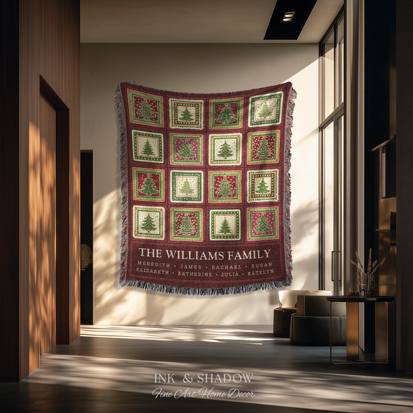 Family Tree Personalized Festive Christmas Tapestry Blanket Sentimental Gift for Grandparent with Names Custom Vintage Style Holiday Throw