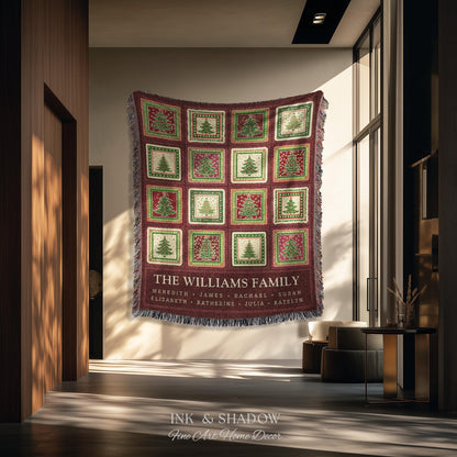 Family Tree Personalized Festive Christmas Tapestry Blanket Sentimental Gift for Grandparent with Names Custom Vintage Style Holiday Throw