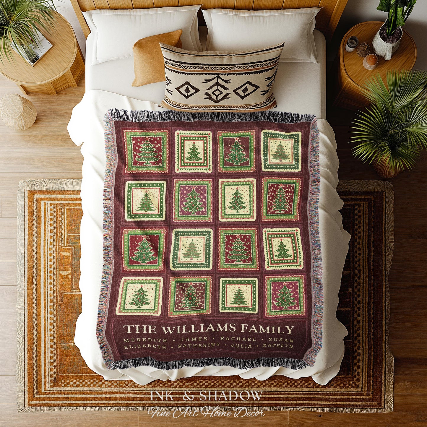 Family Tree Personalized Festive Christmas Tapestry Blanket Sentimental Gift for Grandparent with Names Custom Vintage Style Holiday Throw