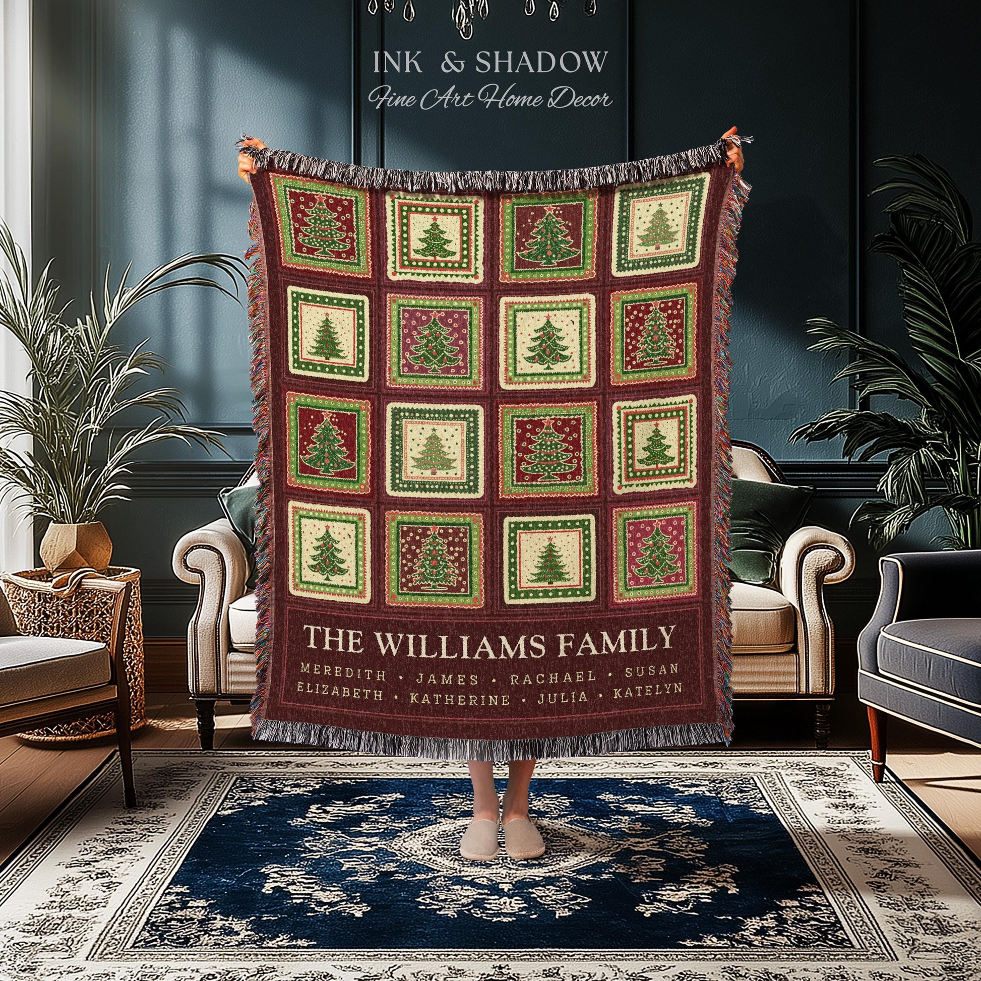 Family Tree Personalized Festive Christmas Tapestry Blanket Sentimental Gift for Grandparent with Names Custom Vintage Style Holiday Throw