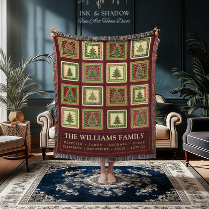 Family Tree Personalized Festive Christmas Tapestry Blanket Sentimental Gift for Grandparent with Names Custom Vintage Style Holiday Throw