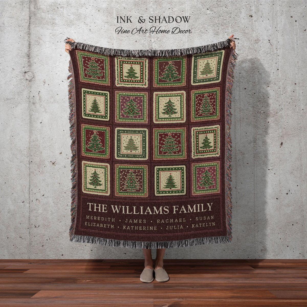 Family Tree Personalized Festive Christmas Tapestry Blanket Sentimental Gift for Grandparent with Names Custom Vintage Style Holiday Throw
