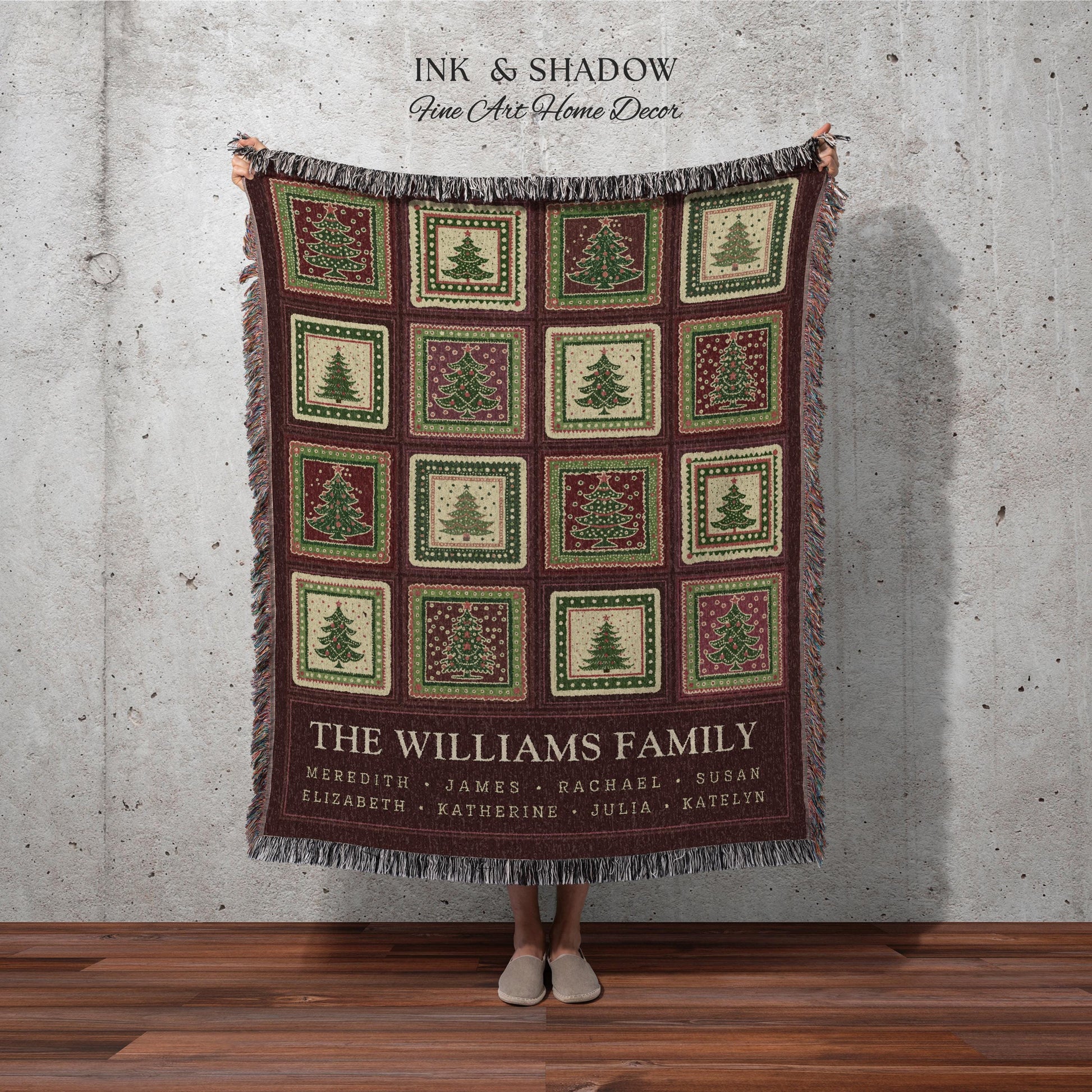 Family Tree Personalized Festive Christmas Tapestry Blanket Sentimental Gift for Grandparent with Names Custom Vintage Style Holiday Throw
