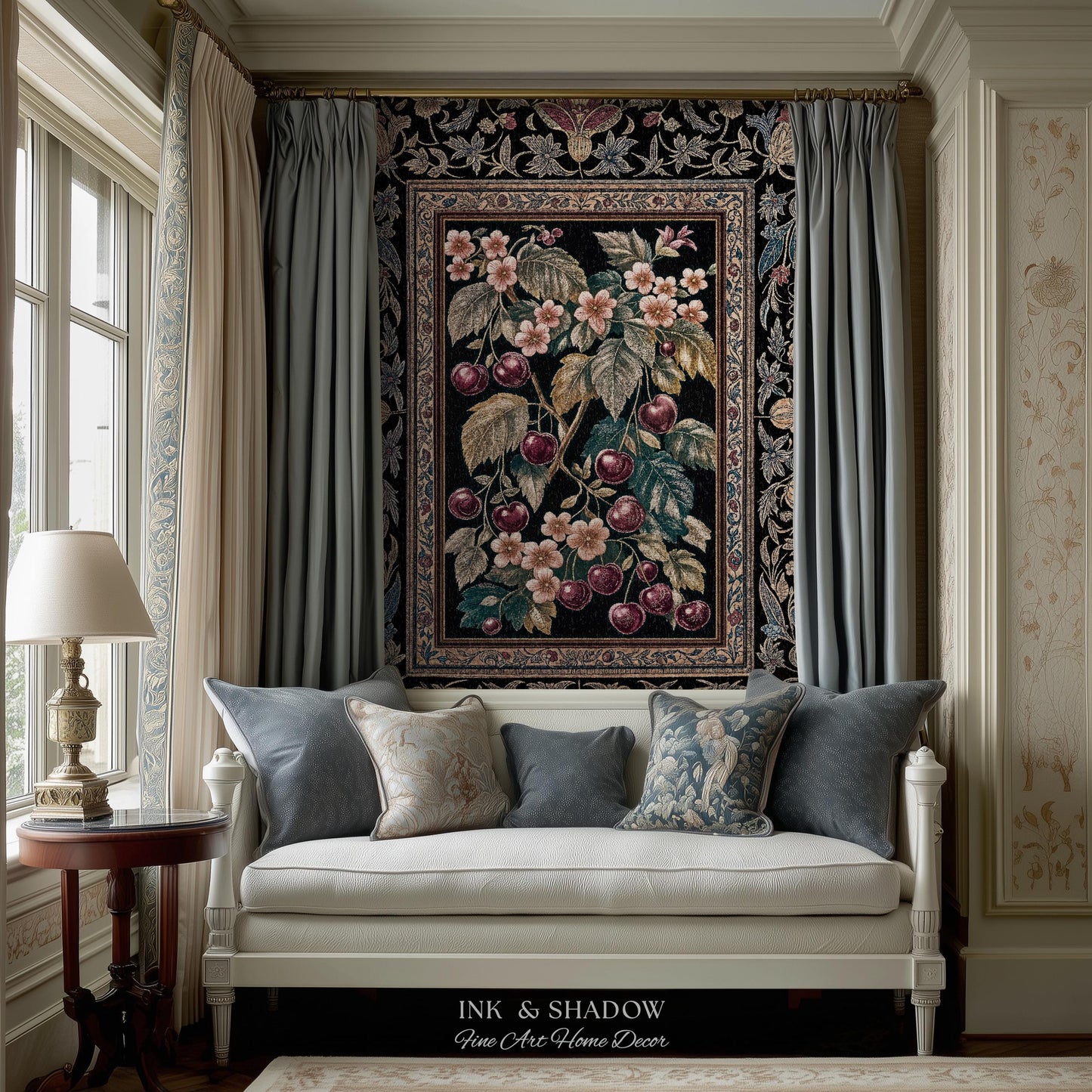 Dark Romantic Cherry Blossom Throw Blanket | Vintage Botanical Gothic Floral Design Moody Garden Accent Baroque Cottagecore Woven Tapestry |