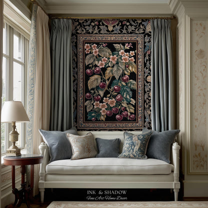 Dark Romantic Cherry Blossom Throw Blanket | Vintage Botanical Gothic Floral Design Moody Garden Accent Baroque Cottagecore Woven Tapestry |