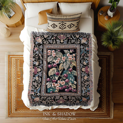 Dark Romantic Cherry Blossom Throw Blanket | Vintage Botanical Gothic Floral Design Moody Garden Accent Baroque Cottagecore Woven Tapestry |
