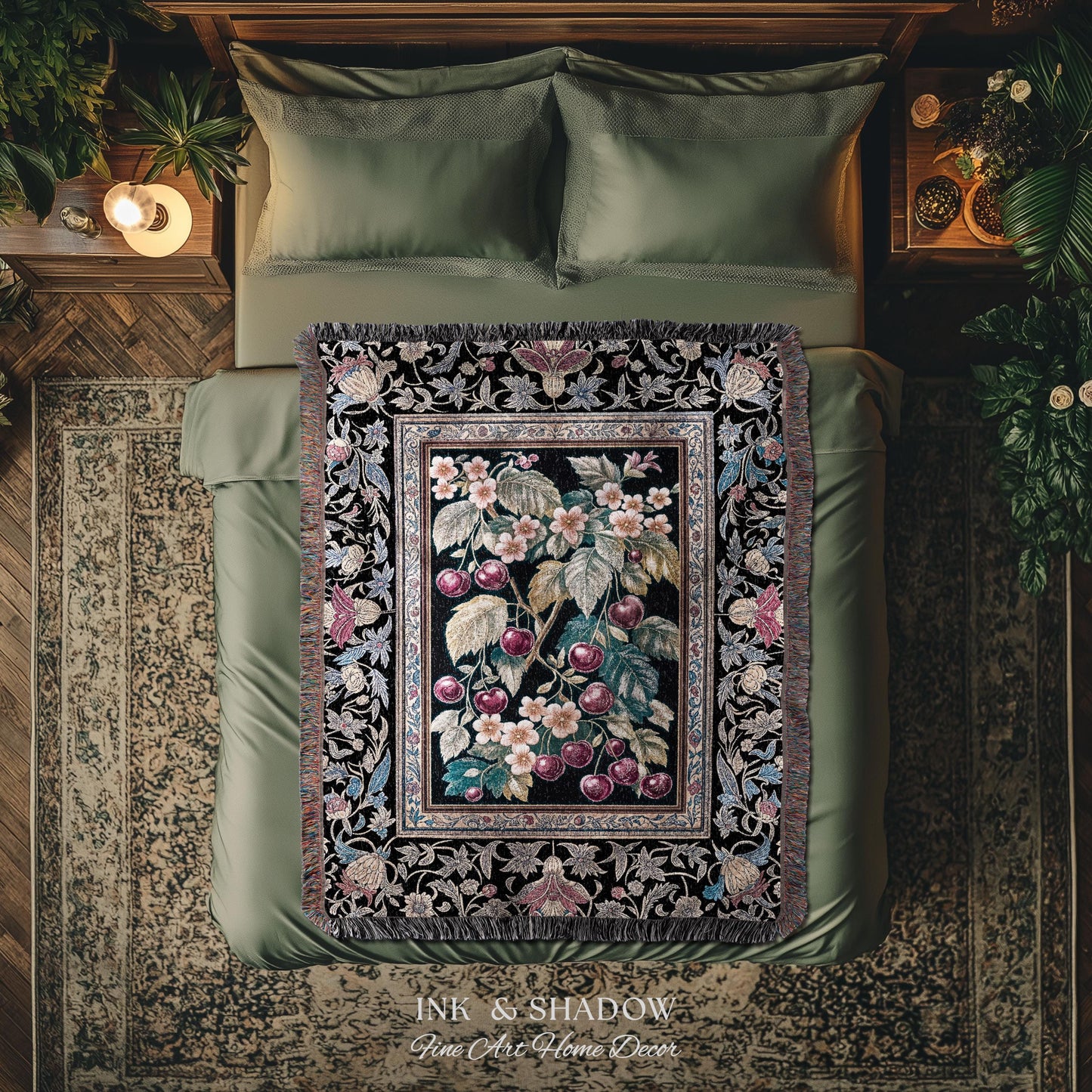 Dark Romantic Cherry Blossom Throw Blanket | Vintage Botanical Gothic Floral Design Moody Garden Accent Baroque Cottagecore Woven Tapestry |