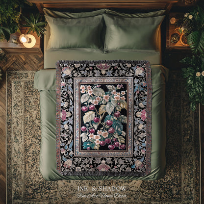Dark Romantic Cherry Blossom Throw Blanket | Vintage Botanical Gothic Floral Design Moody Garden Accent Baroque Cottagecore Woven Tapestry |