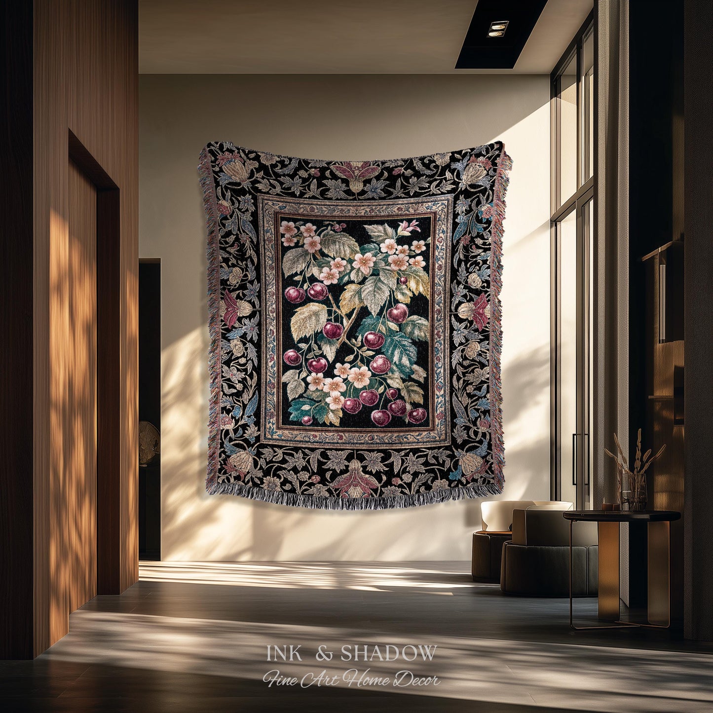 Dark Romantic Cherry Blossom Throw Blanket | Vintage Botanical Gothic Floral Design Moody Garden Accent Baroque Cottagecore Woven Tapestry |