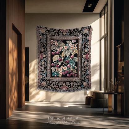 Dark Romantic Cherry Blossom Throw Blanket | Vintage Botanical Gothic Floral Design Moody Garden Accent Baroque Cottagecore Woven Tapestry |