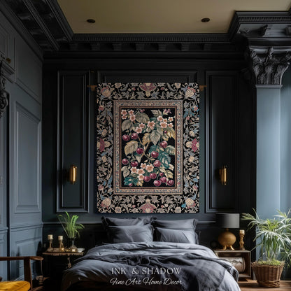 Dark Romantic Cherry Blossom Throw Blanket | Vintage Botanical Gothic Floral Design Moody Garden Accent Baroque Cottagecore Woven Tapestry |