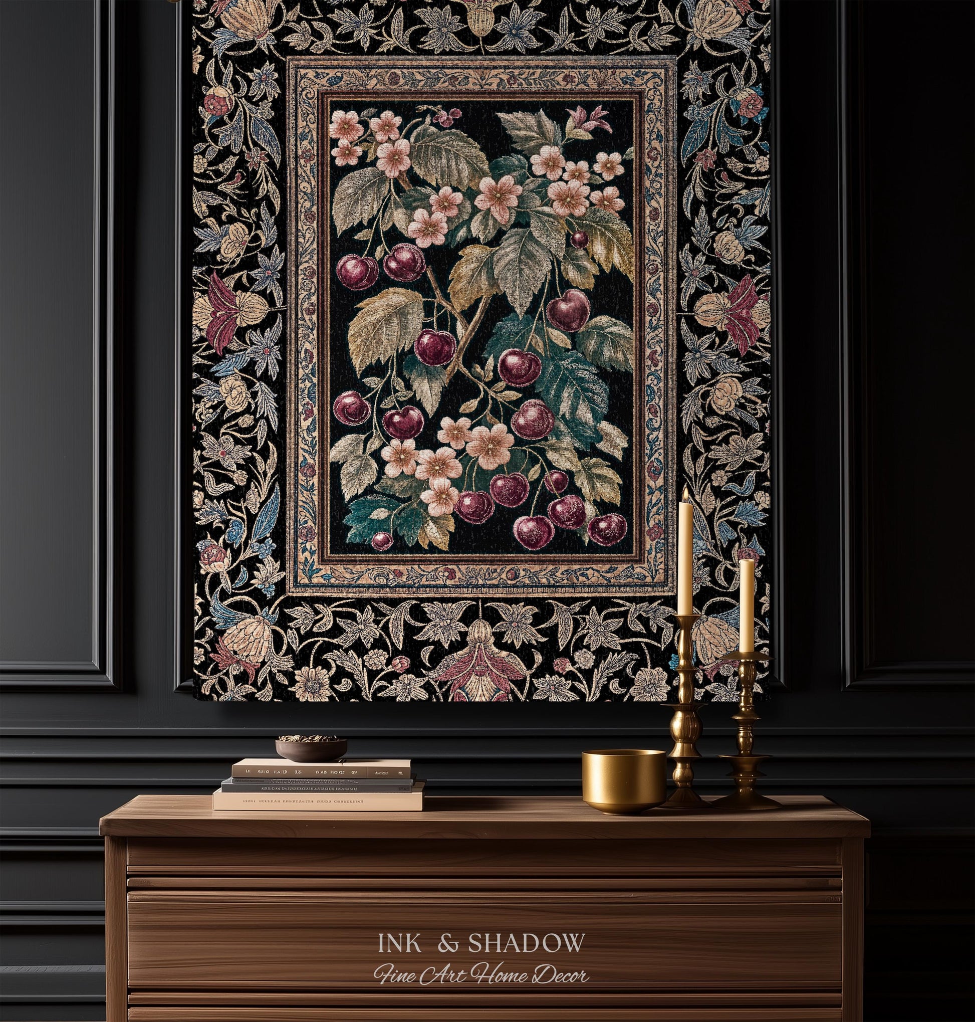 Dark Romantic Cherry Blossom Throw Blanket | Vintage Botanical Gothic Floral Design Moody Garden Accent Baroque Cottagecore Woven Tapestry |
