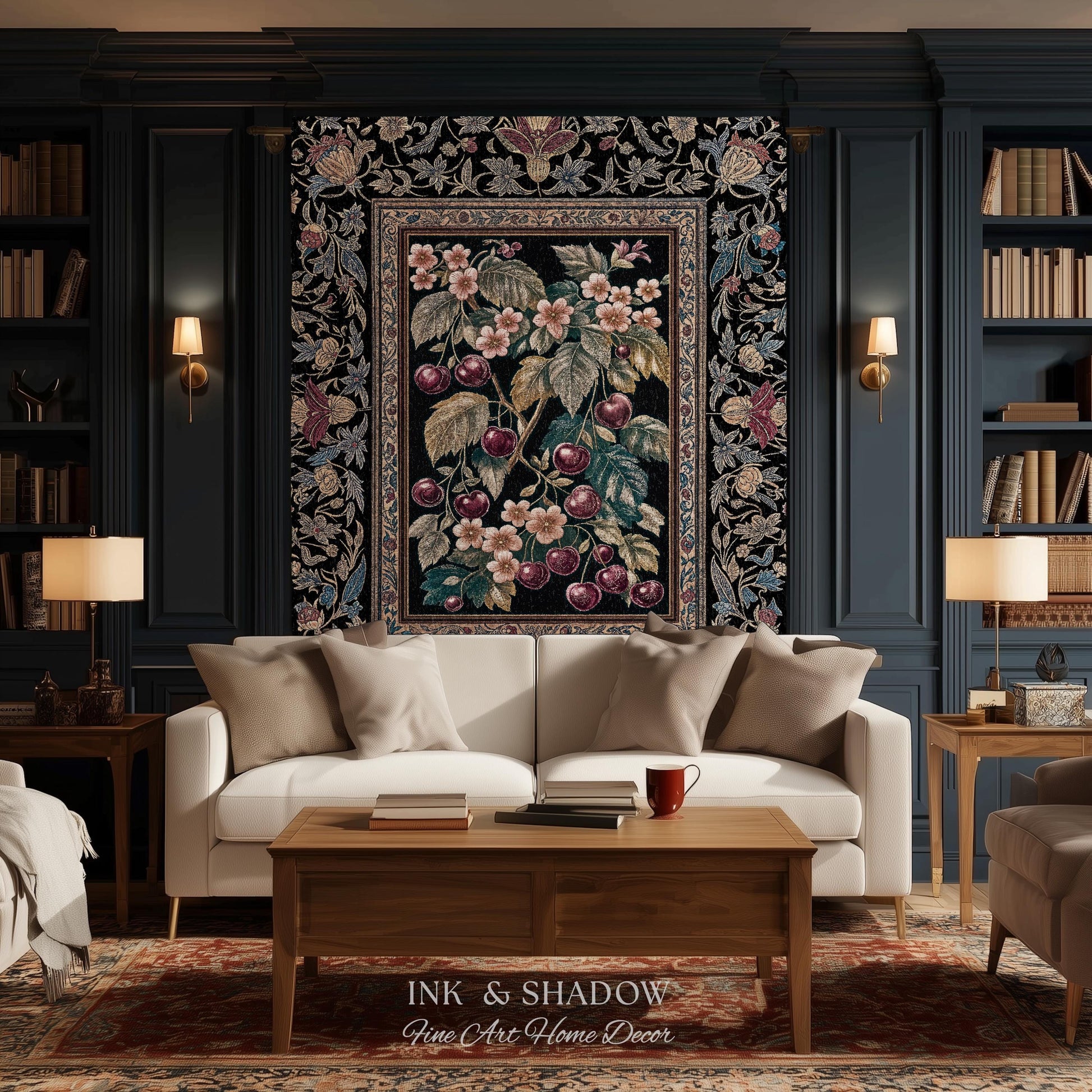 Dark Romantic Cherry Blossom Throw Blanket | Vintage Botanical Gothic Floral Design Moody Garden Accent Baroque Cottagecore Woven Tapestry |